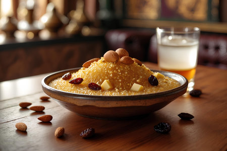 Couscous with almonds and raisins on wooden tableの素材