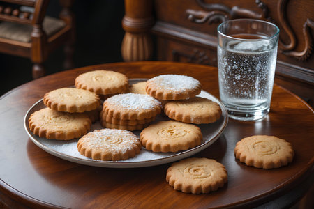 Cookies on a plate and a glass of water on a wooden tableの素材