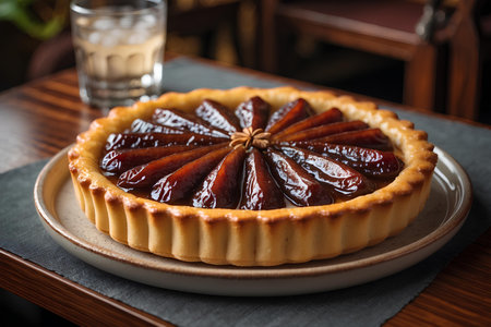 Homemade plum tart on a wooden table. Selective focus.の素材
