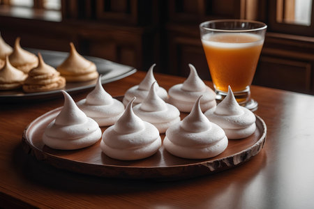 White meringues on a wooden plate with a glass of orange juiceの素材