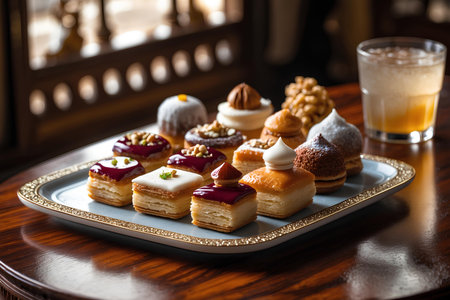 Cakes with different fillings on a plate on a wooden tableの素材
