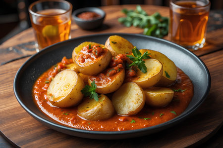 Baked potatoes with tomato sauce in a plate on a dark backgroundの素材