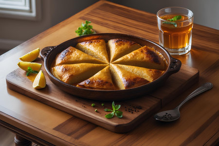 Slices of homemade apple pie with lemon and mint on wooden tableの素材