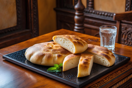 Pita bread on a black plate with a glass of water.の素材