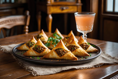 Tasty samosas served with a glass of tomato juice.の素材