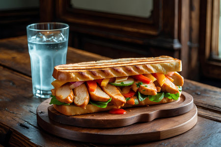 Sandwich with chicken and vegetables on a wooden table. Toned.の素材