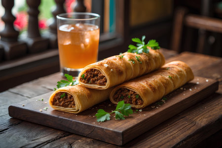 Pancakes stuffed with minced meat and garnished with parsley.の素材