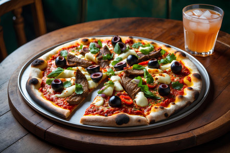 Pizza with beef, tomato and mozzarella on wooden tableの素材