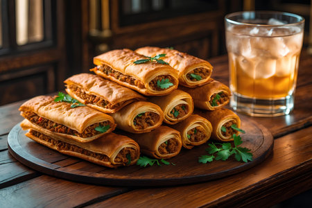 Sausage samosas served with a glass of colaの素材