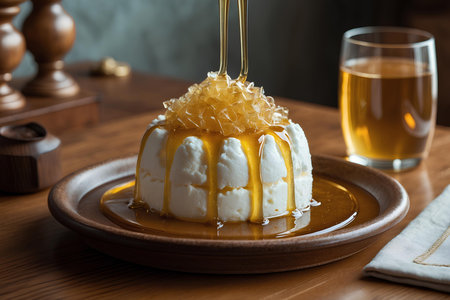 Panna cotta with caramel sauce and honey on a wooden tableの素材