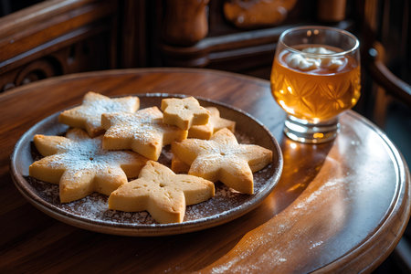 Cookies in the form of stars on a plate and a glass of colaの素材