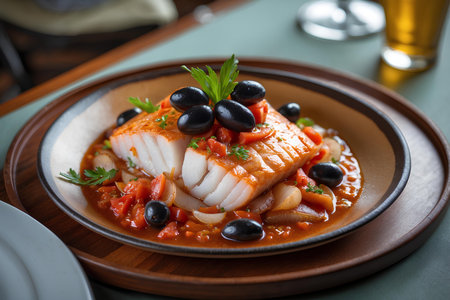 Carpaccio of cod fish with tomato sauce and olivesの素材