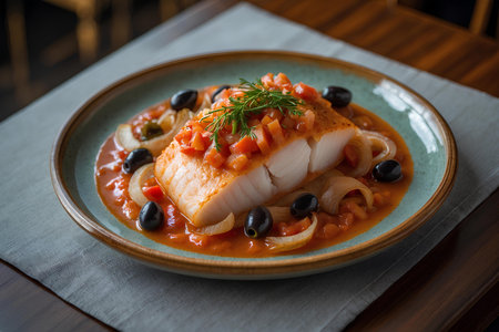 Cod fillet with tomato sauce and black olives on a plateの素材