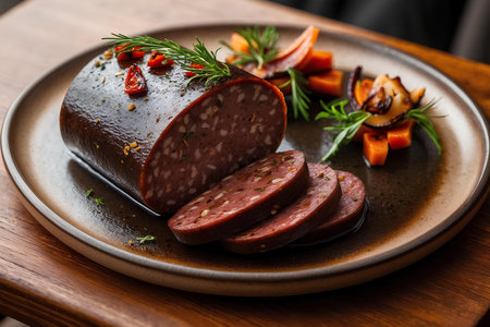 smoked sausage with vegetables on a wooden table, close-upの素材