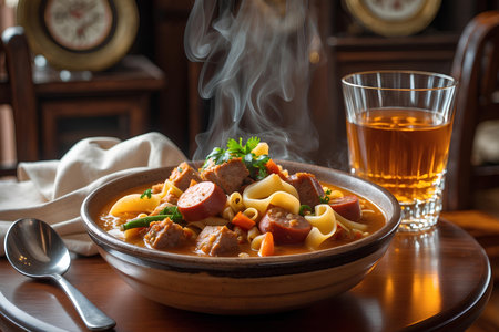 Soup with meat and vegetables in a bowl on a wooden tableの素材