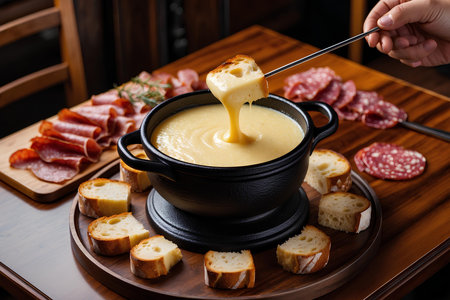 Cheese fondue in a black pot with bread and sausage on a wooden boardの素材