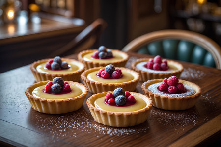 Delicious tartlets with berries on a wooden table in a cafeの素材