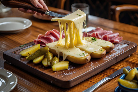 Cheese fondue with salami and pickles on wooden boardの素材