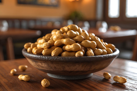 Peanuts in a bowl on a wooden table. Close up.の素材