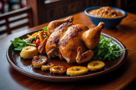 Roast chicken with baked potatoes and vegetables on a wooden table.の素材