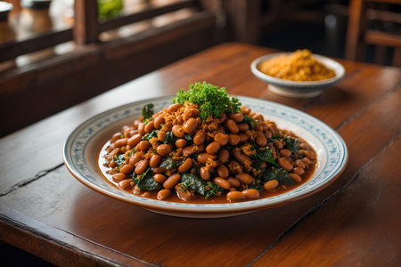 Spicy chili con carne with beans in a bowl on wooden tableの素材
