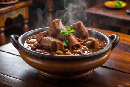 Pork stew with vegetables and beans in a clay pot on a wooden table. Non halalの素材