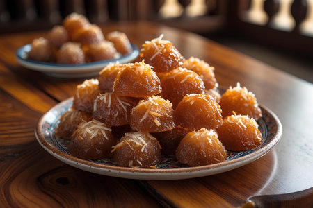 Close up of a plate of oriental sweets on a wooden tableの素材