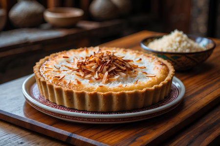 Cream cheese tart with caramelized almonds on a rustic wooden tableの素材
