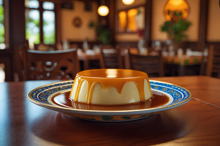 Creamy caramel pudding on a wooden table in a cafe.の素材