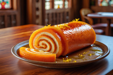 Orange roll cake on the wooden table in coffee shop, stock photoの素材