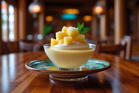 Panna cotta with mango in a bowl on a wooden tableの素材