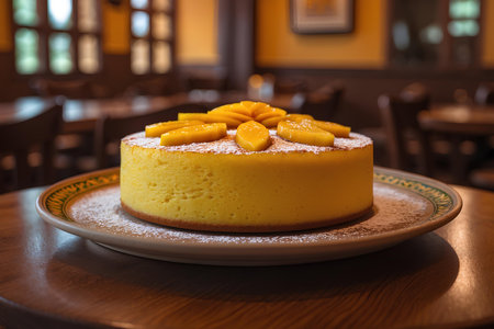 Cheesecake with fresh tangerines on wooden table in cafeの素材