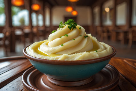 Mashed potatoes with parsley in a bowl on a wooden tableの素材