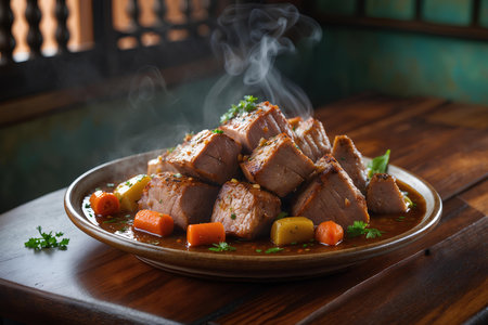 Beef Bourguignon with carrot and parsley on a plateの素材