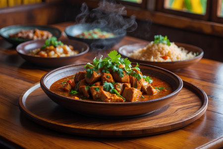 Tasty Indian curry with rice and meat in bowl on wooden tableの素材