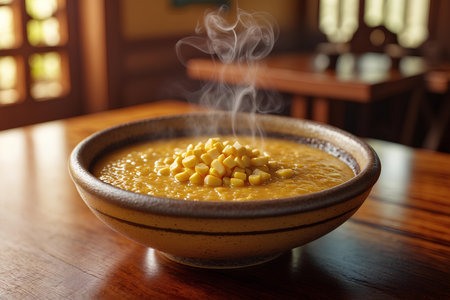 Soup with corn in a bowl on a wooden table in a restaurantの素材