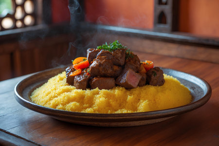 Couscous with beef and vegetables in a plate on a wooden tableの素材