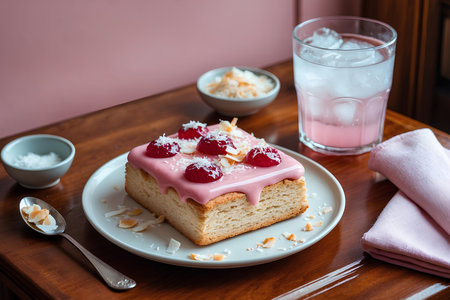 Raspberry cake on a plate with a glass of milk on a wooden tableの素材