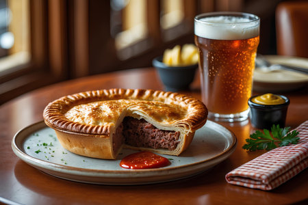 Tasty meat pie with ketchup and mustard served on a plateの素材