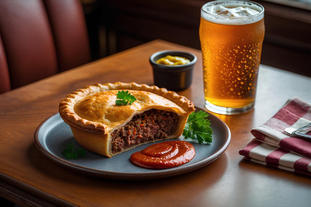Piece of meat pie with ketchup and cola on the tableの素材