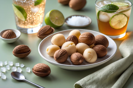 Almond macadamia nuts with lime and salt on green backgroundの素材