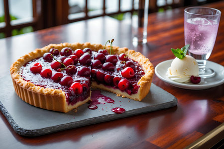 Cherry tart with ice cream and fresh berries on wooden table.の素材
