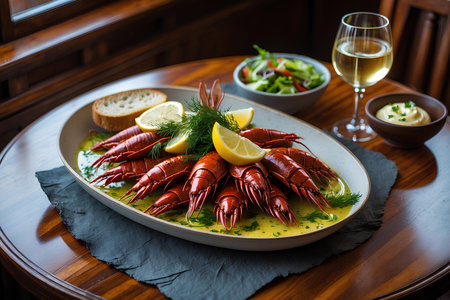 Boiled crayfishes with lemon and parsley on a plateの素材