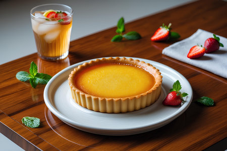 Creme brulee with strawberries and mint on a wooden table.の素材