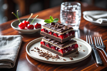 Chocolate cake with strawberries and cherries on a wooden table.の素材