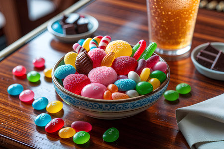 Colorful candies in bowl and glass of beer on wooden tableの素材