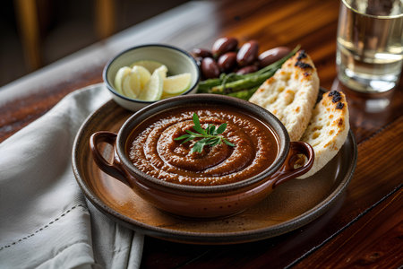 A bowl of goulash with bread and lemon on a wooden tableの素材