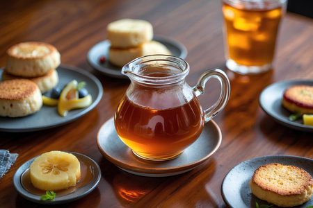 Tea in a glass teapot with honey on a wooden tableの素材