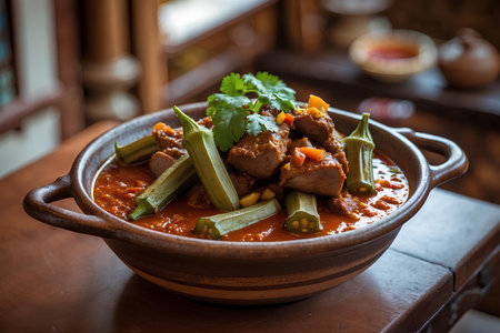 Curry with beef and vegetables in a clay pot on a wooden tableの素材