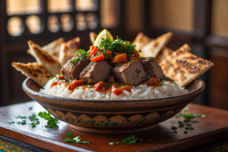 Roast duck with rice and vegetables in a rustic style.の素材